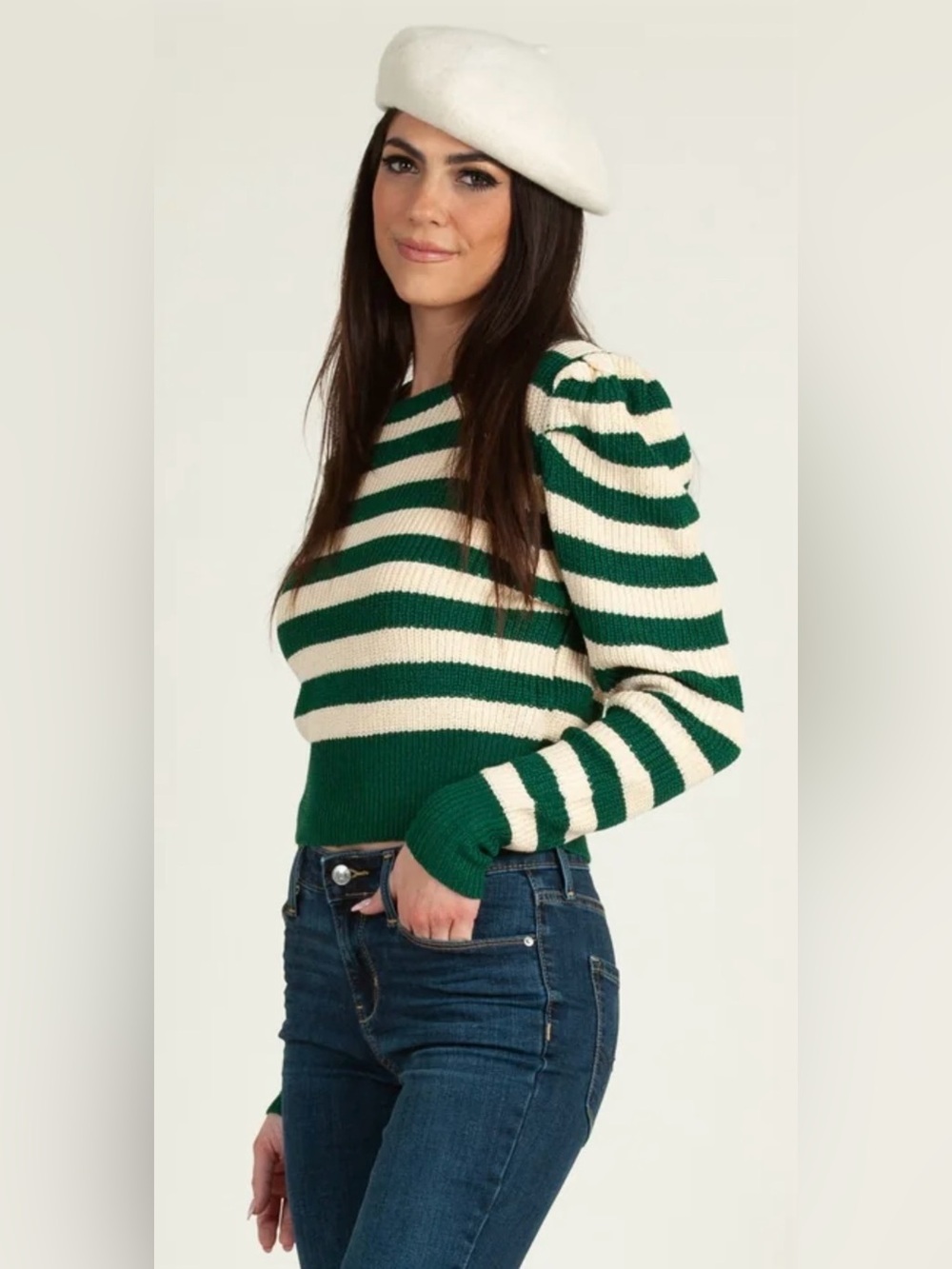 Lucca Couture “Yara” Green & Cream Striped Puff-Sleeve Sweater